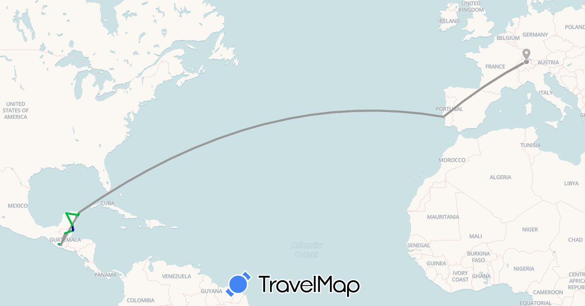 TravelMap itinerary: driving, bus, plane, hiking, boat, electric vehicle in Belize, Switzerland, Guatemala, Mexico, Portugal (Europe, North America)